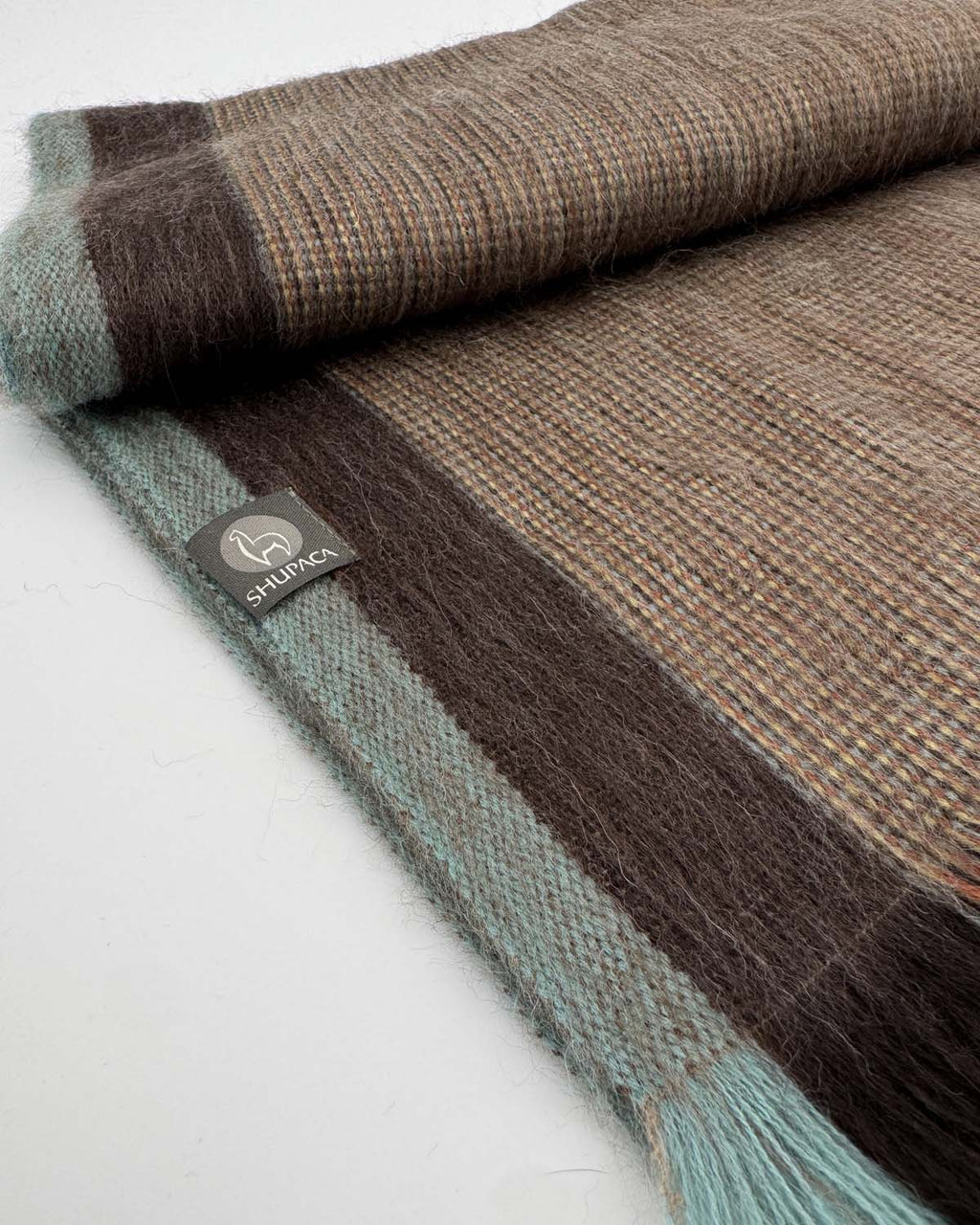 Forest green alpaca scarf in Fern colorway with misty edges, Shupaca