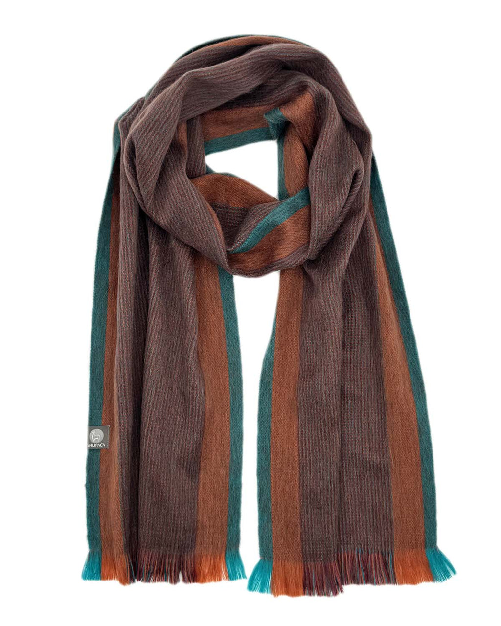Chestnut alpaca scarf in Harvest with copper and teal stripes, Shupaca