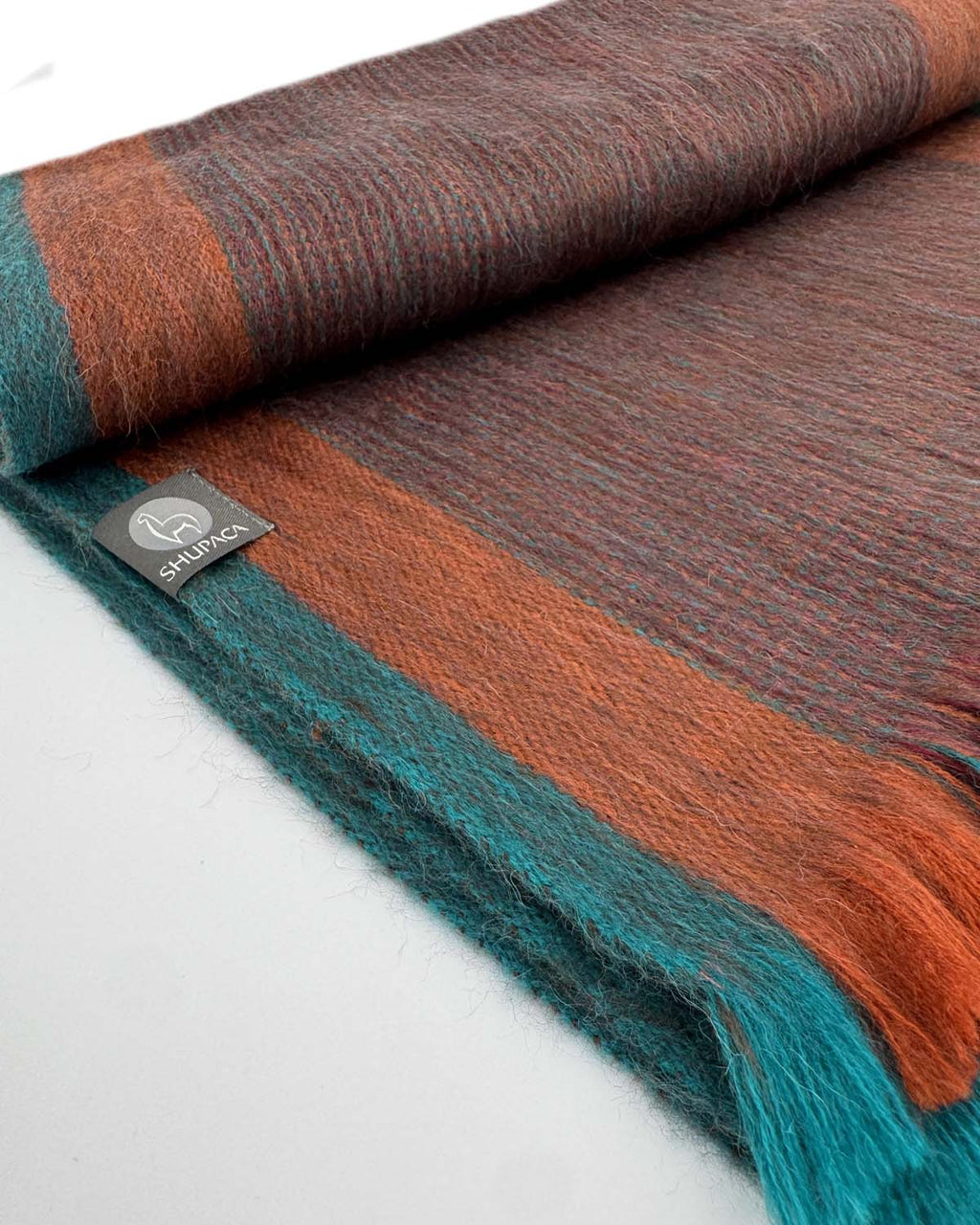 Chestnut alpaca scarf in Harvest with copper and teal stripes, Shupaca