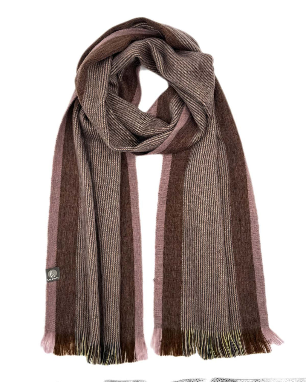 Blush alpaca scarf in Pebble with mocha tones and center stripe, Shupaca