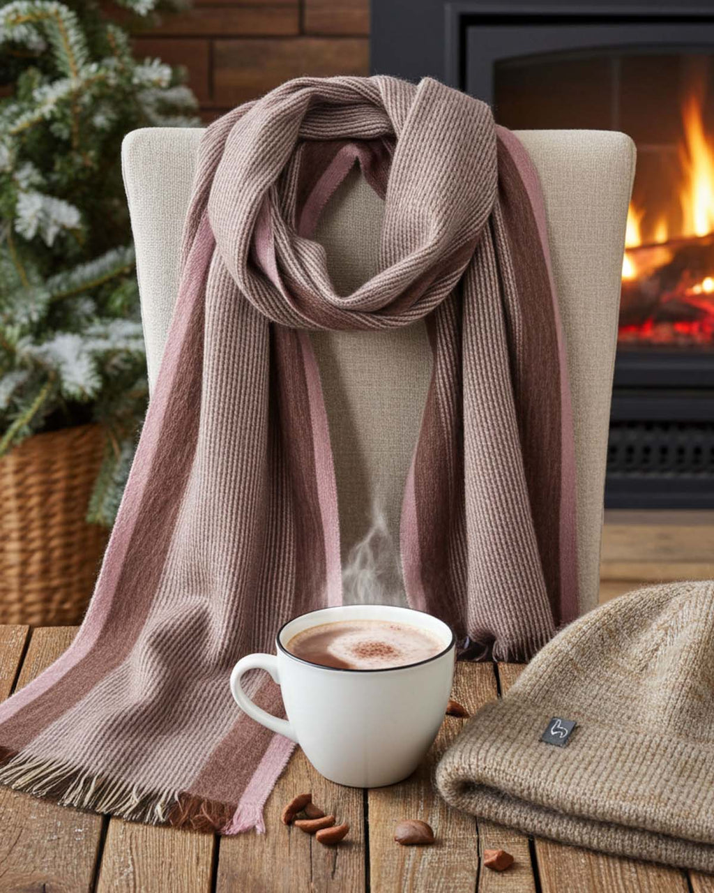 Blush alpaca scarf in Pebble with mocha tones and center stripe, Shupaca