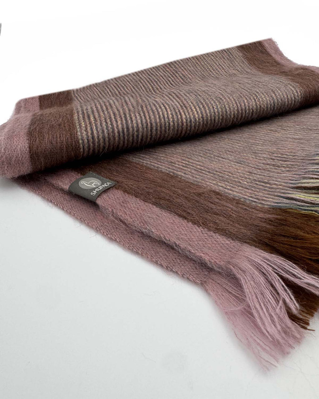 Blush alpaca scarf in Pebble with mocha tones and center stripe, Shupaca