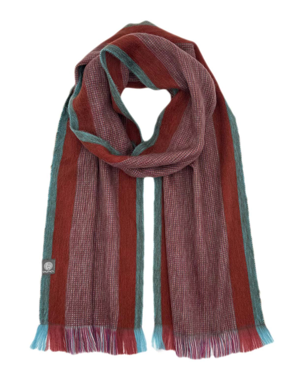 Red alpaca scarf in Wild Poppy with rosewood and aqua stripes, handwoven by Shupaca