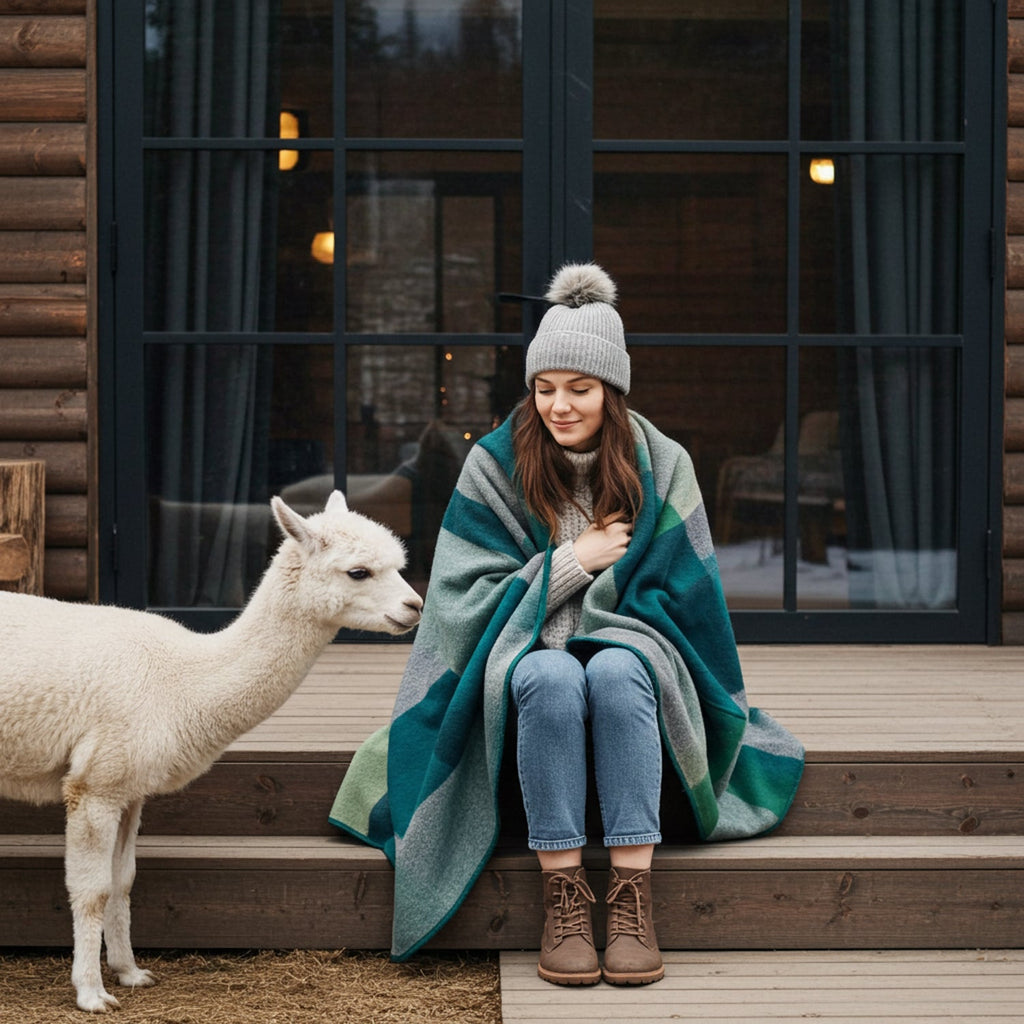Green alpaca throw blanket in Alpine with misty grey and stone, Shupaca