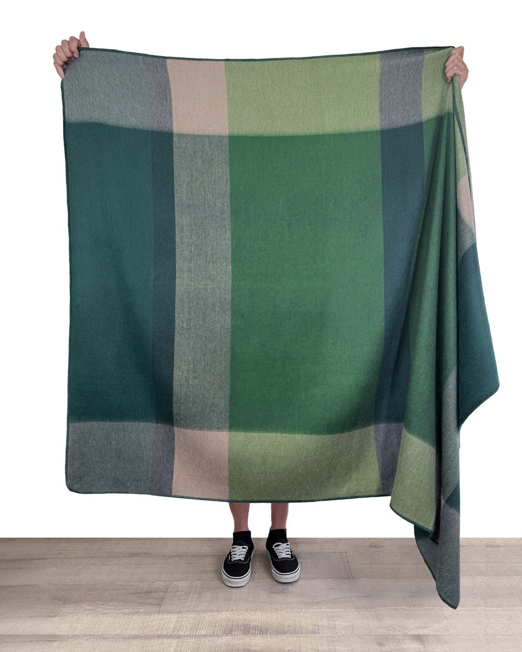 Green alpaca throw blanket in Alpine with misty grey and stone, Shupaca
