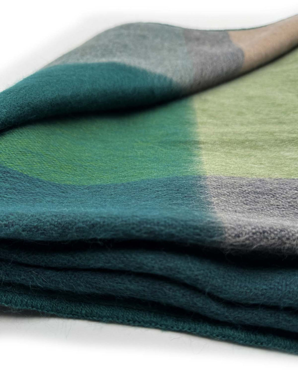 Green alpaca throw blanket in Alpine with misty grey and stone, Shupaca