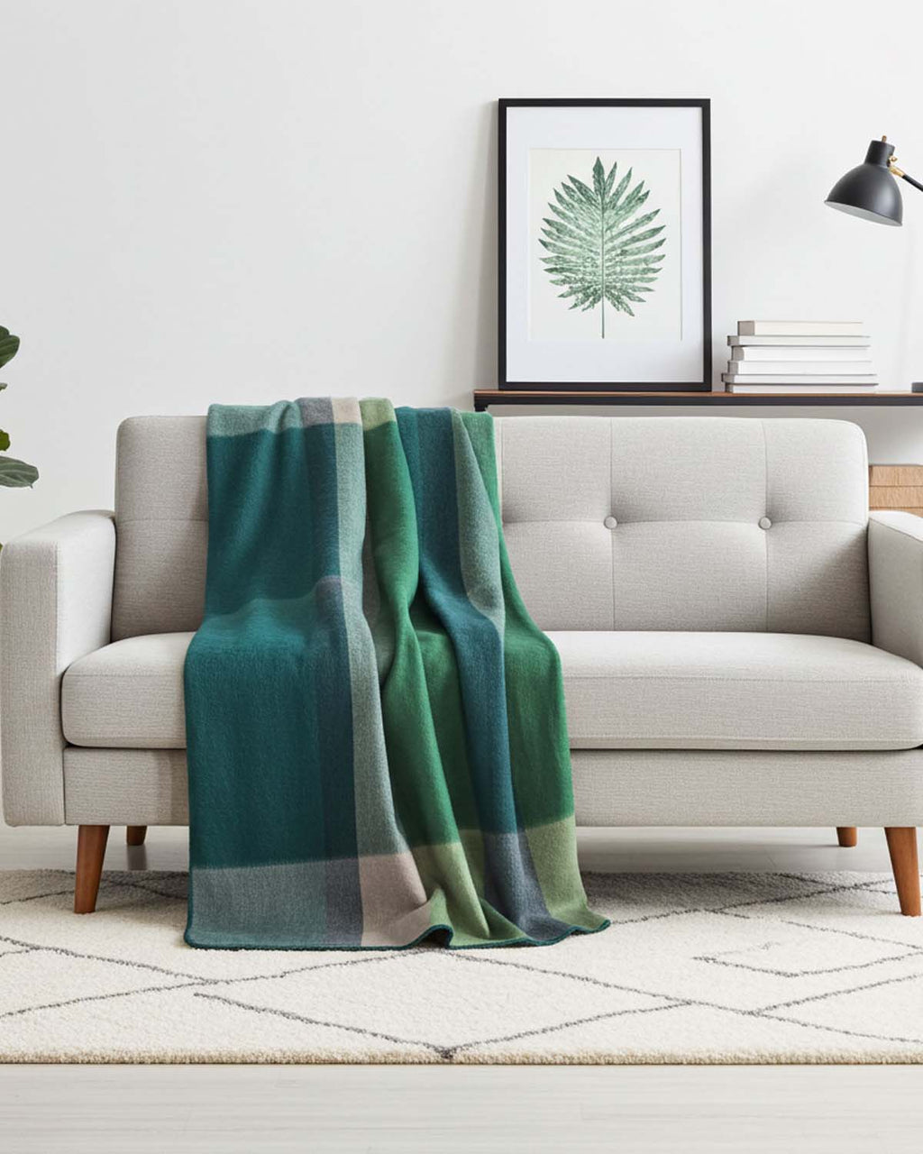 Green alpaca throw blanket in Alpine with misty grey and stone, Shupaca