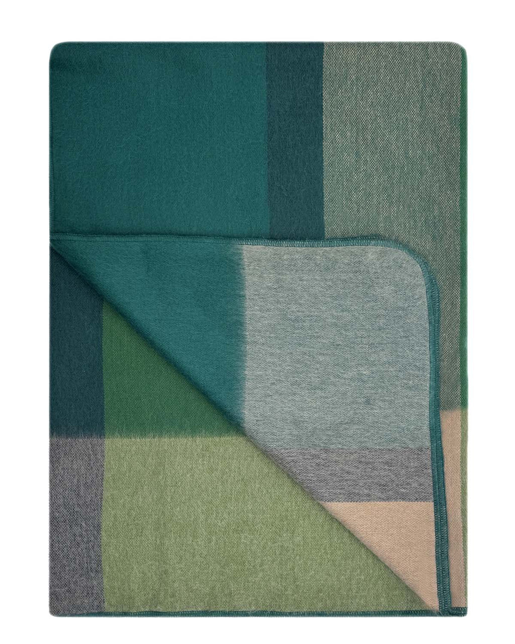 Green alpaca throw blanket in Alpine with misty grey and stone, Shupaca