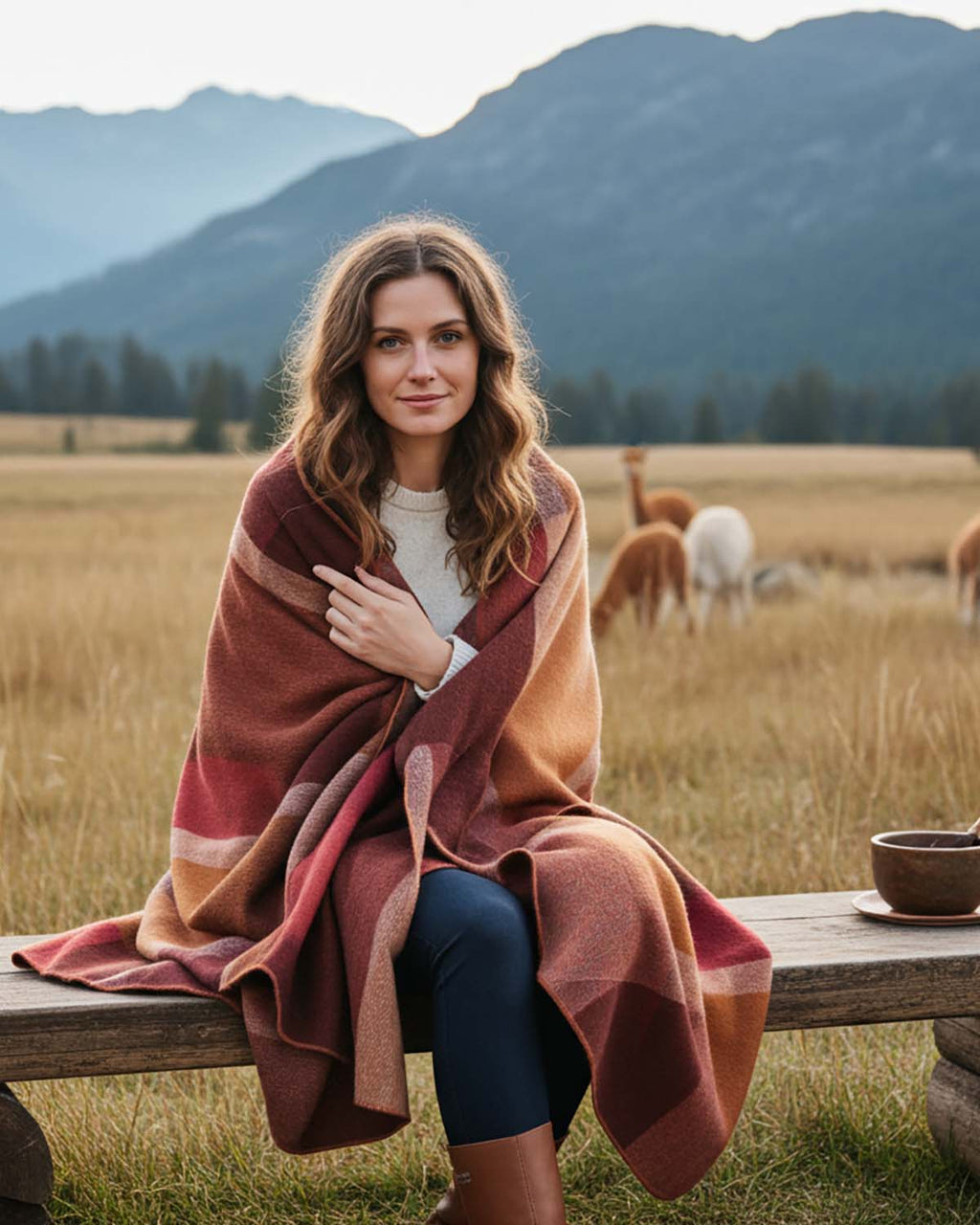 Amber alpaca throw blanket with mustard and terracotta color blocks, Shupaca