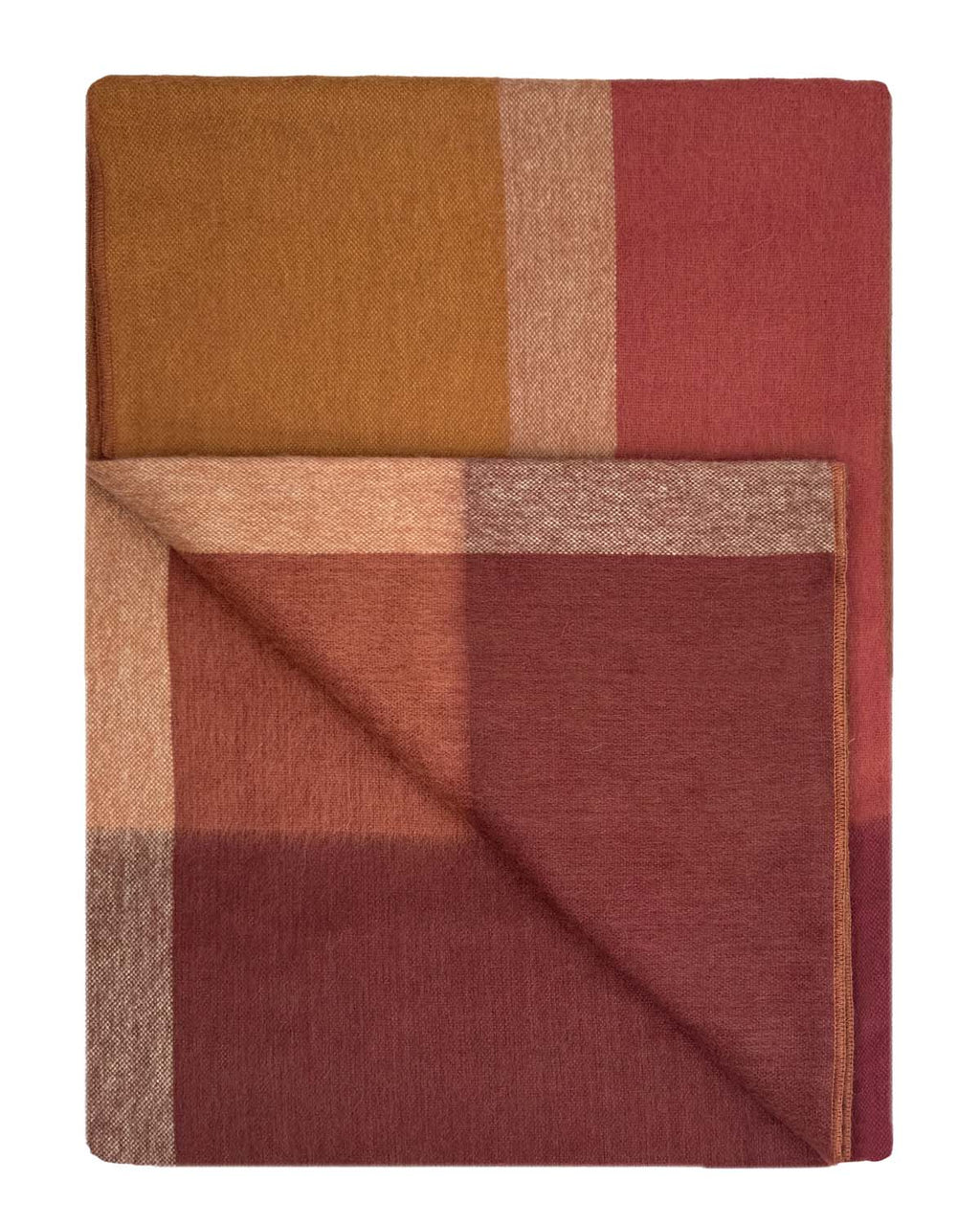 Amber alpaca throw blanket with mustard and terracotta color blocks, Shupaca