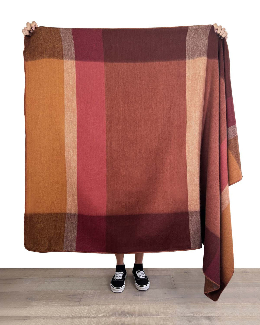 Amber alpaca throw blanket with mustard and terracotta color blocks, Shupaca