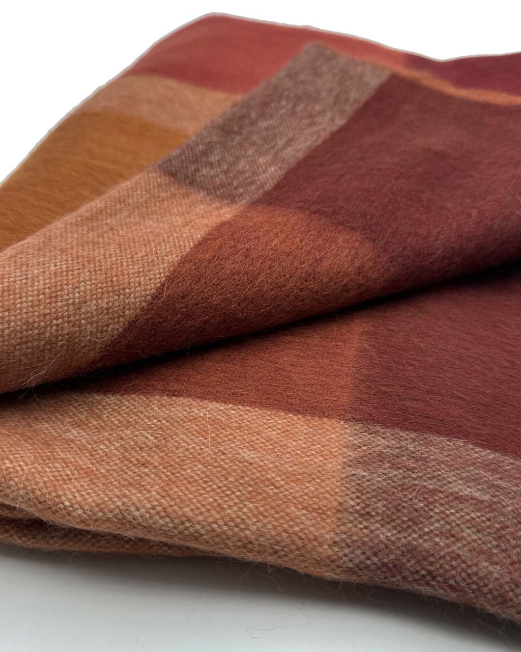Amber alpaca throw blanket with mustard and terracotta color blocks, Shupaca