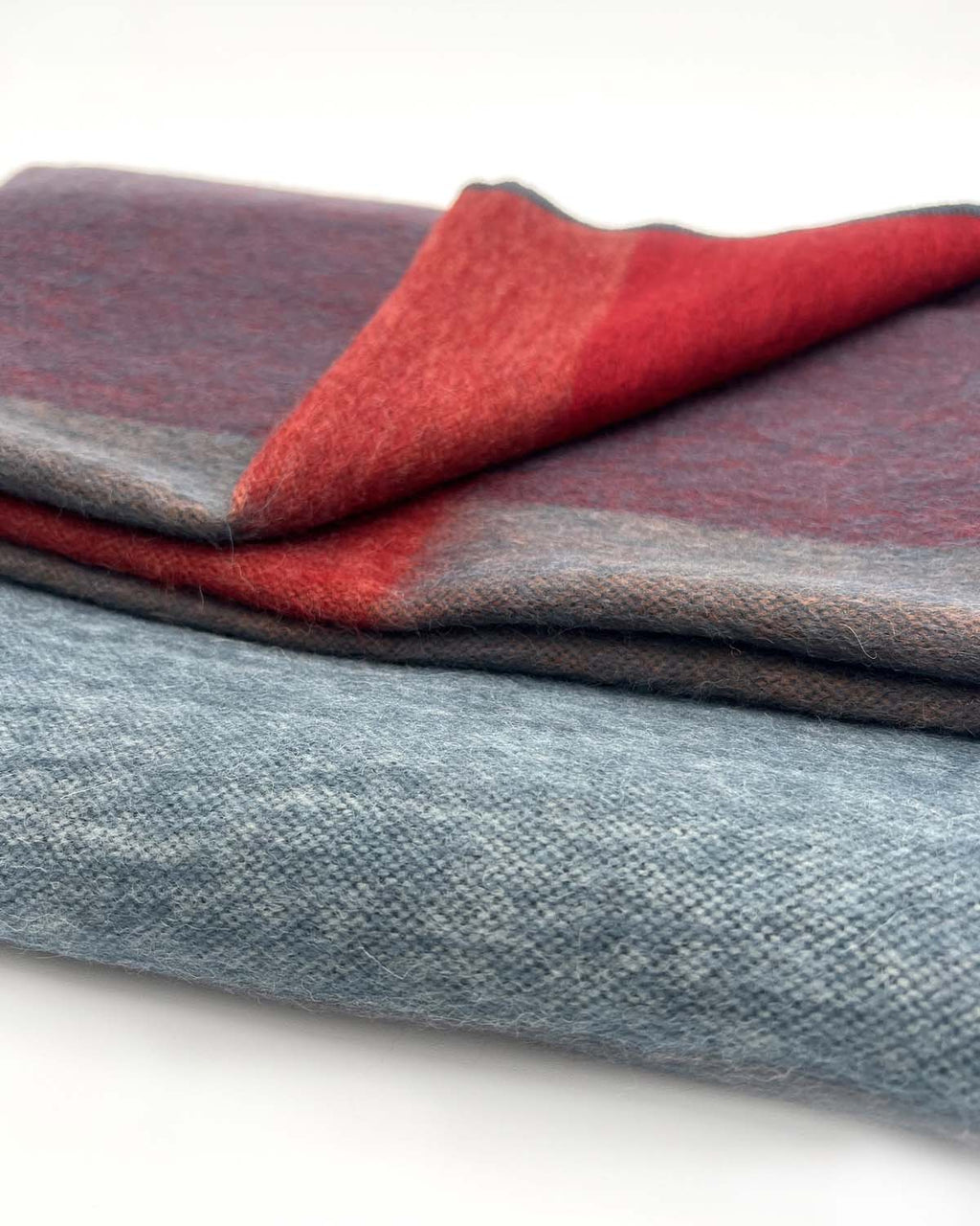 Caramel Apple alpaca throw blanket with apple-red and sky-blue blocks, Shupaca