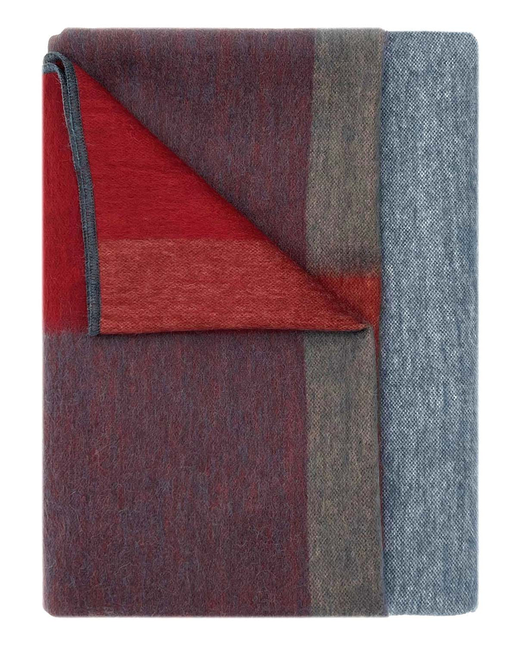 Caramel Apple alpaca throw blanket with apple-red and sky-blue blocks, Shupaca