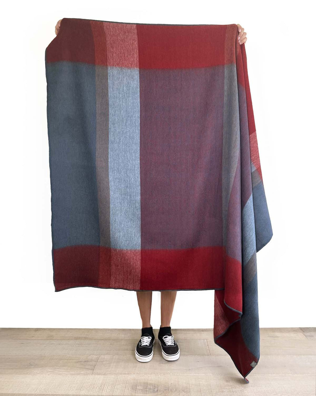 Caramel Apple alpaca throw blanket with apple-red and sky-blue blocks, Shupaca