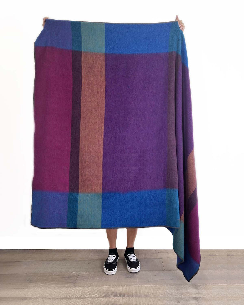 Plum alpaca throw blanket in Grapevine with berry and teal accents, Shupaca
