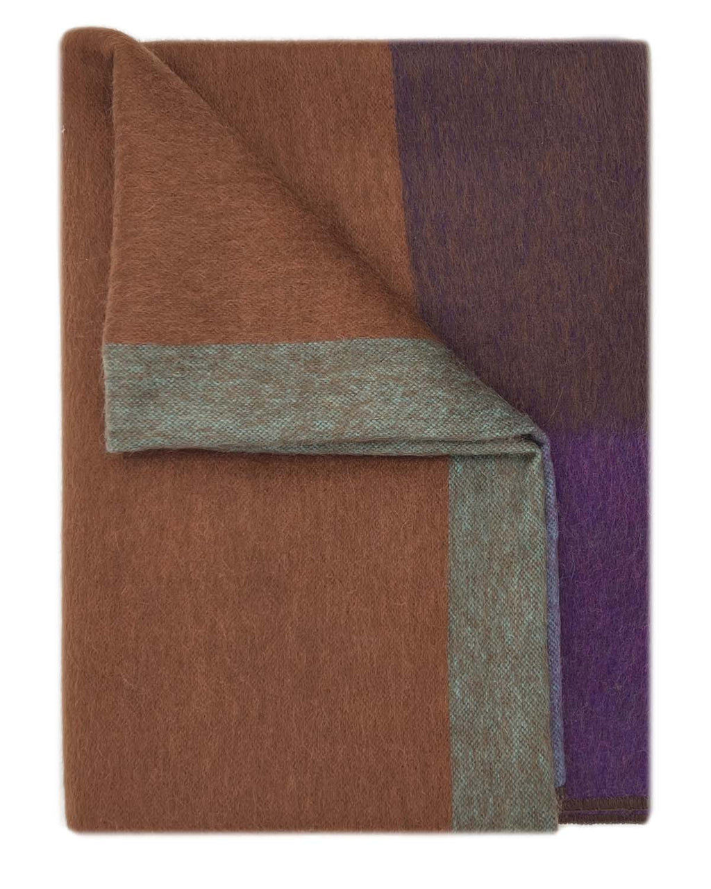 Forest green alpaca throw blanket in Kaleidoscope with copper and purple blocks, Shupaca