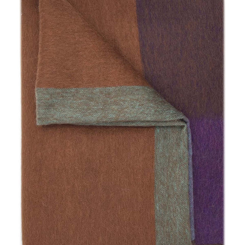 Forest green alpaca throw blanket in Kaleidoscope with copper and purple blocks, Shupaca