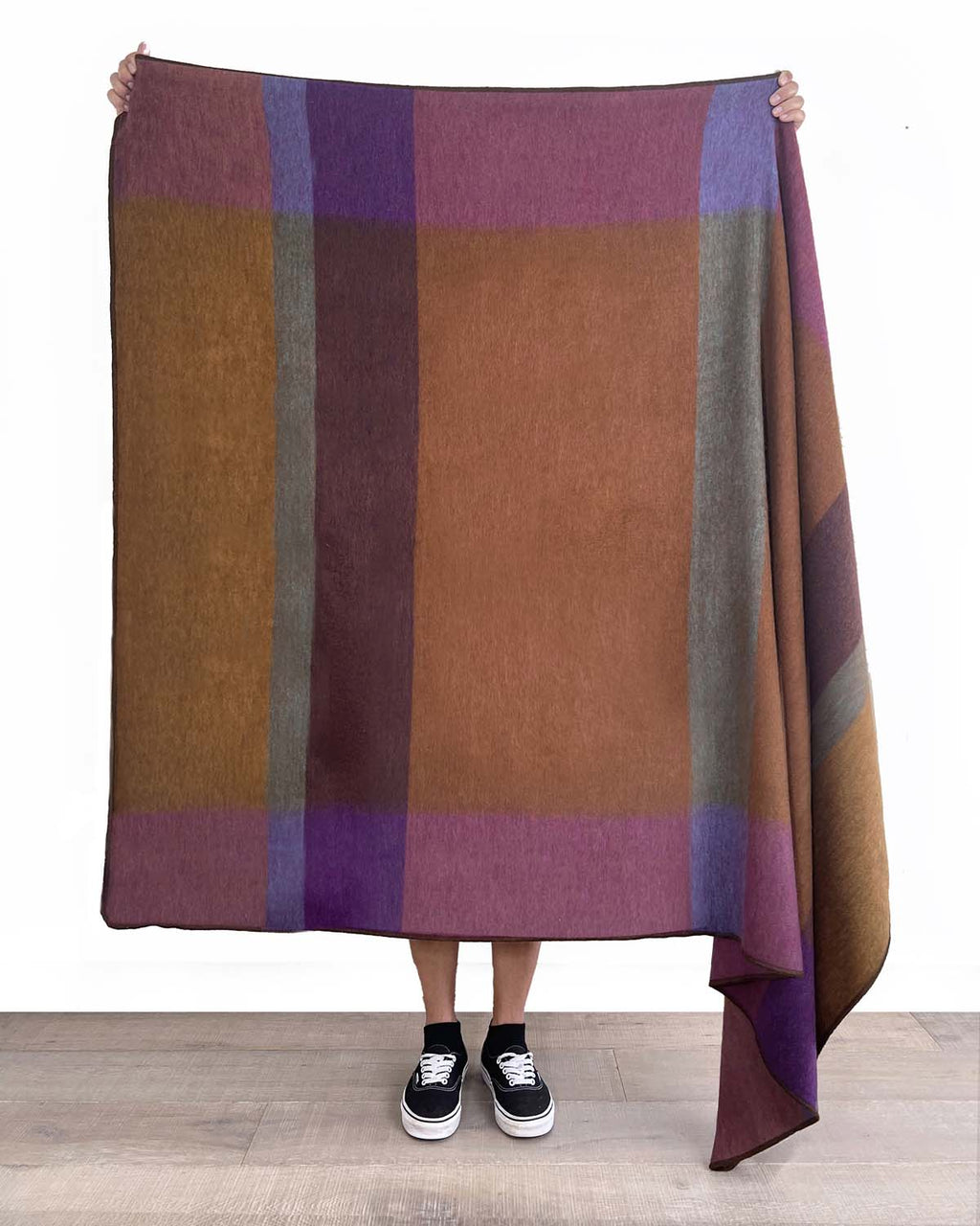 Forest green alpaca throw blanket in Kaleidoscope with copper and purple blocks, Shupaca