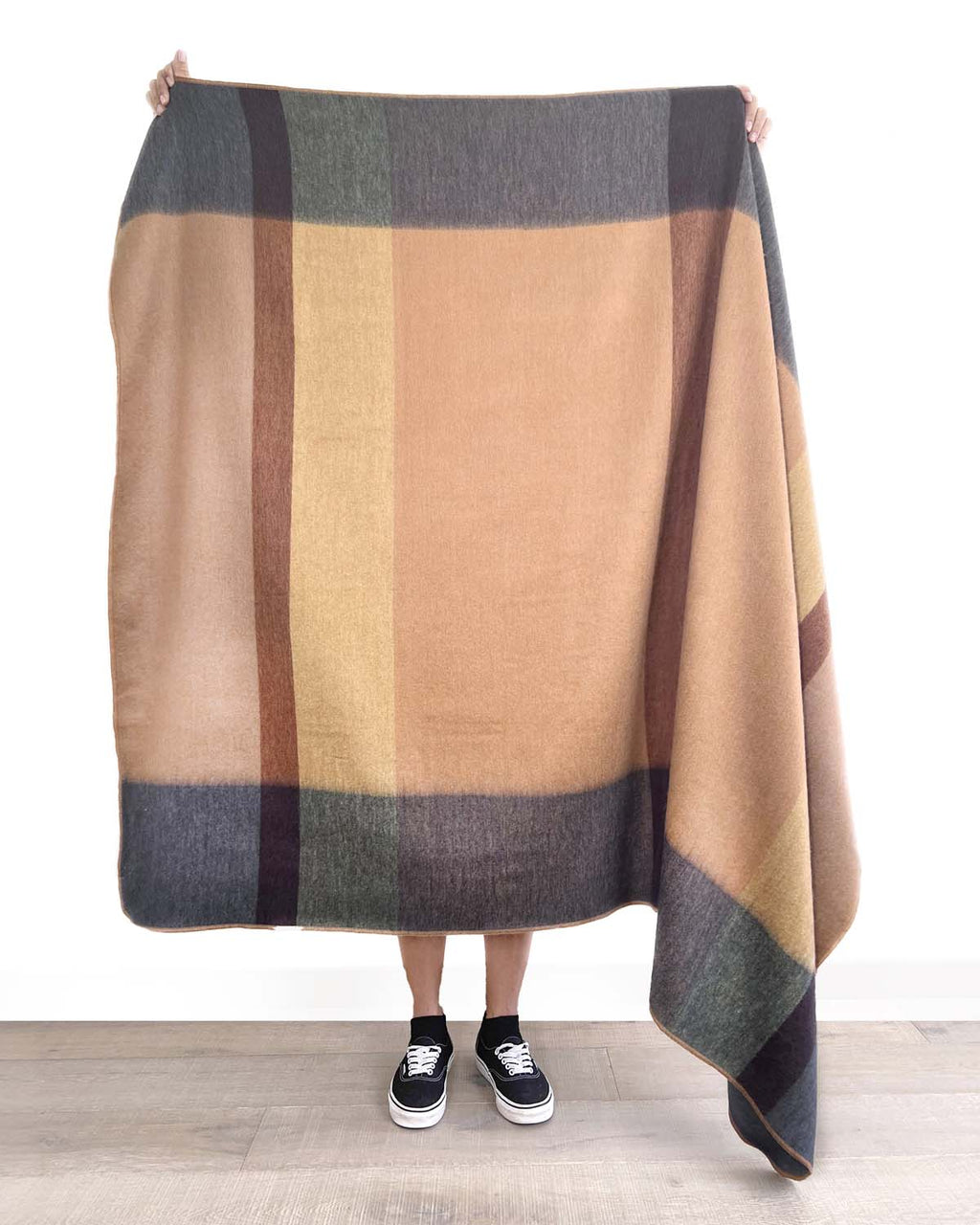 Beige alpaca throw blanket in Mojave with terracotta and taupe, Shupaca
