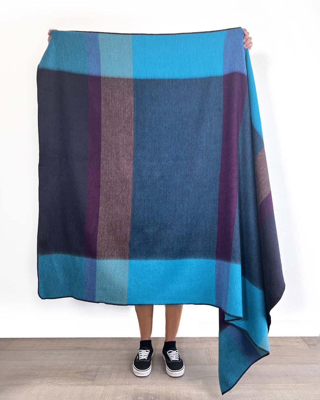 Sky Blue alpaca throw blanket in Nightfall with wine and charcoal, Shupaca