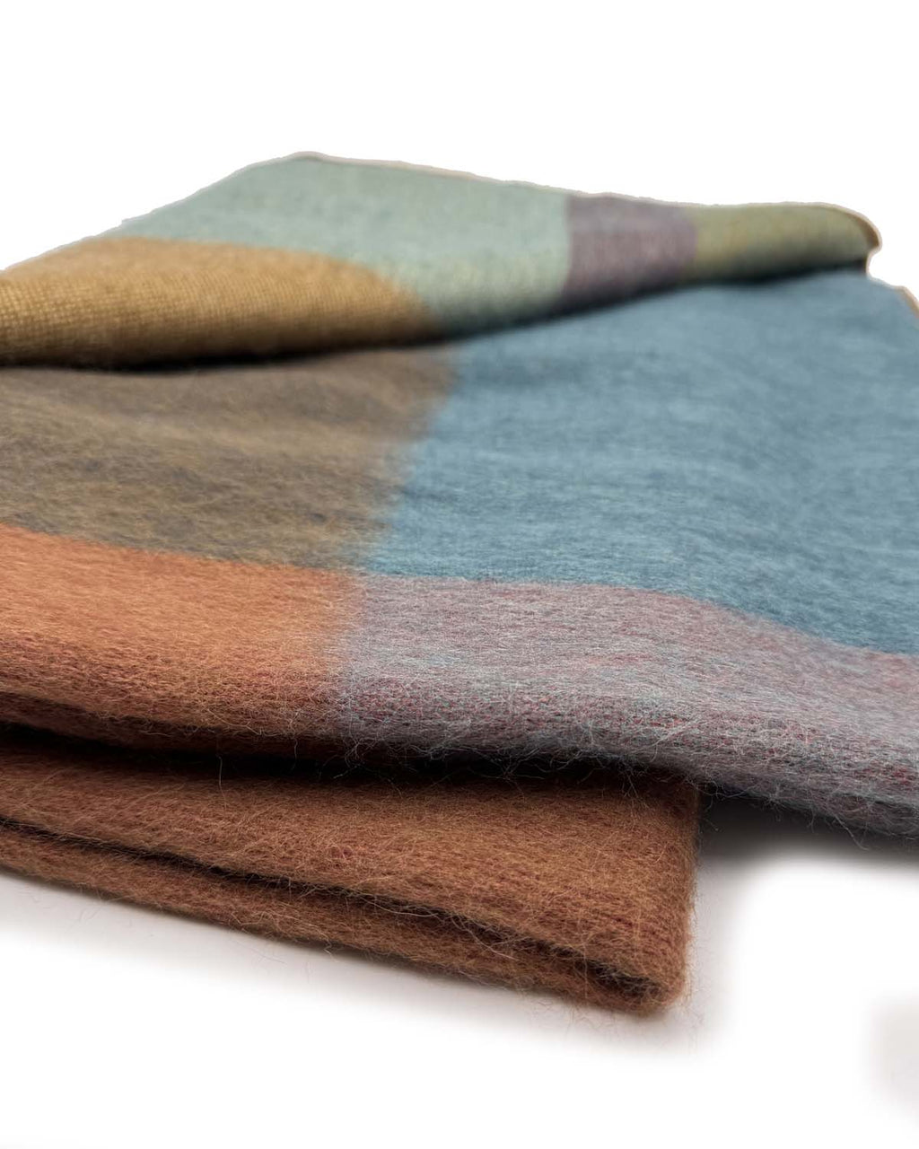 Golden Ochre alpaca throw blanket in Prism with sky blue and sage, Shupaca