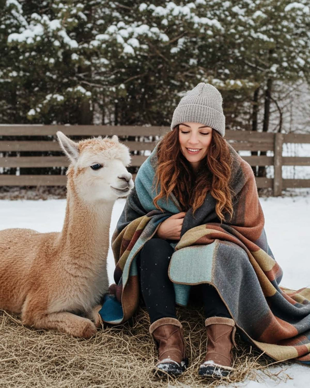 Golden Ochre alpaca throw blanket in Prism with sky blue and sage, Shupaca