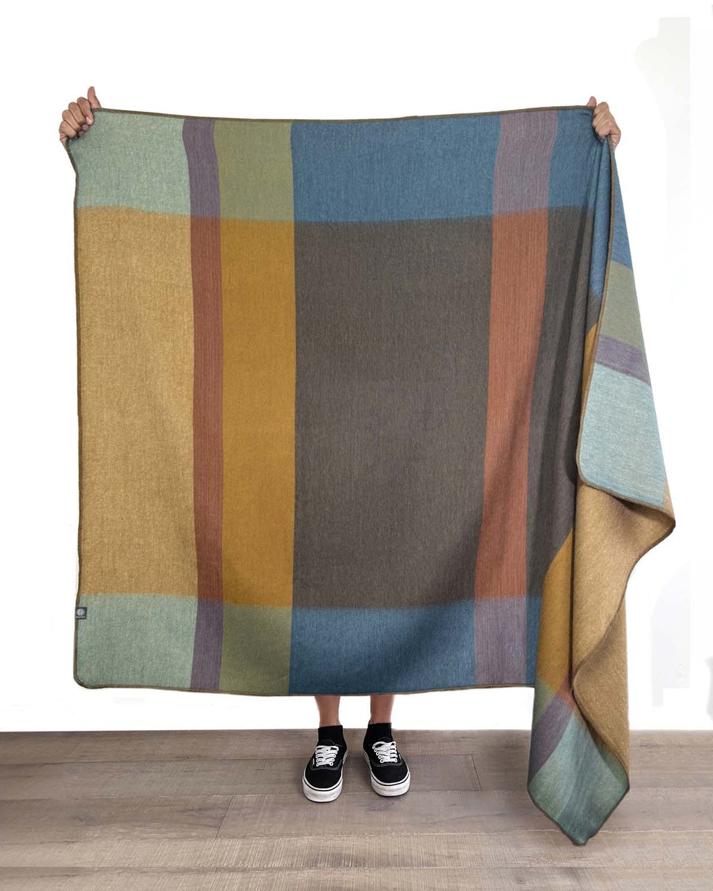 Golden Ochre alpaca throw blanket in Prism with sky blue and sage, Shupaca
