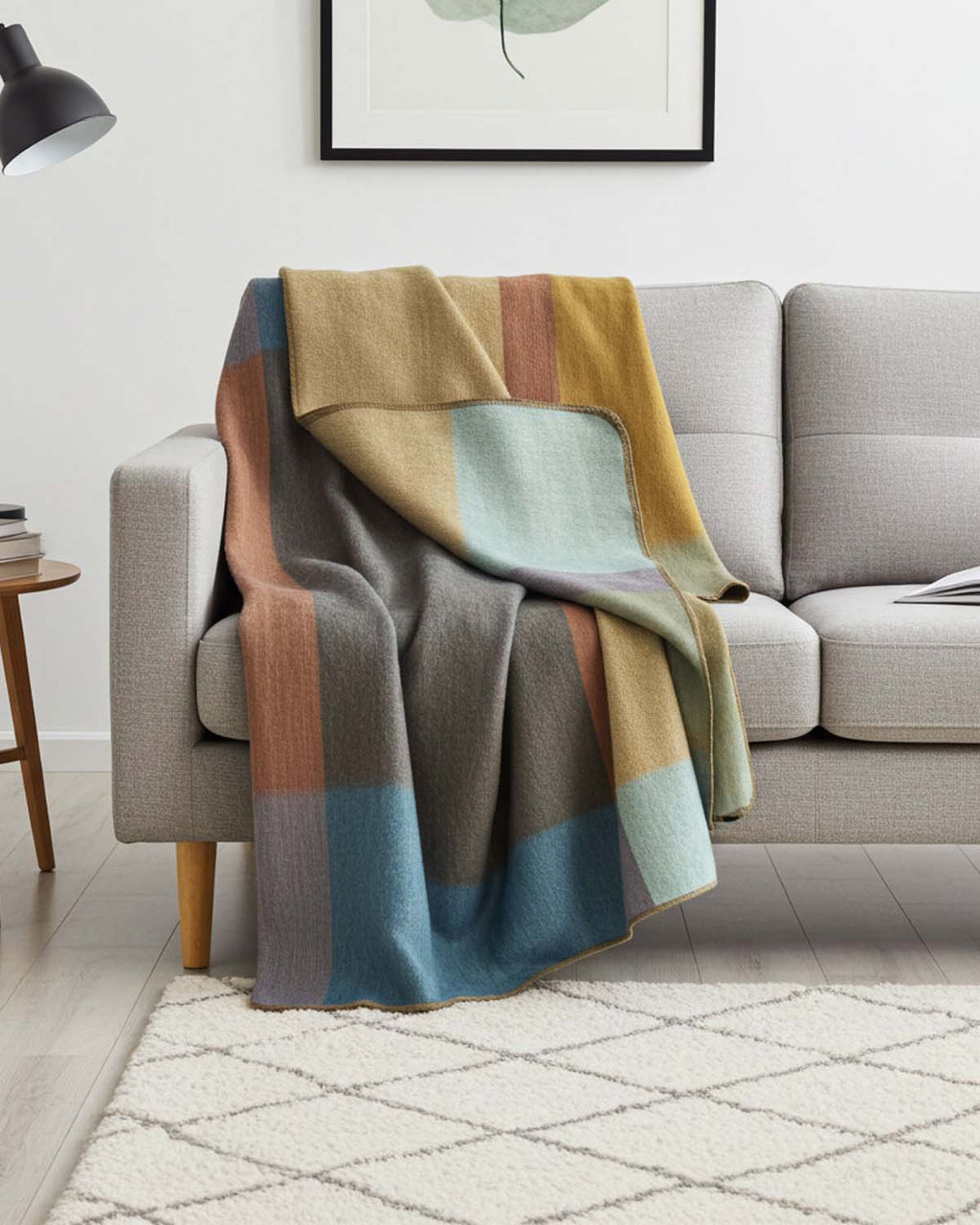 Golden Ochre alpaca throw blanket in Prism with sky blue and sage, Shupaca