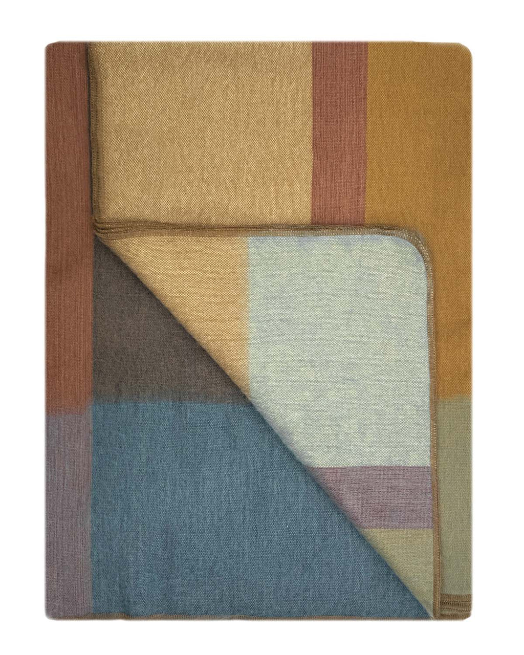 Golden Ochre alpaca throw blanket in Prism with sky blue and sage, Shupaca