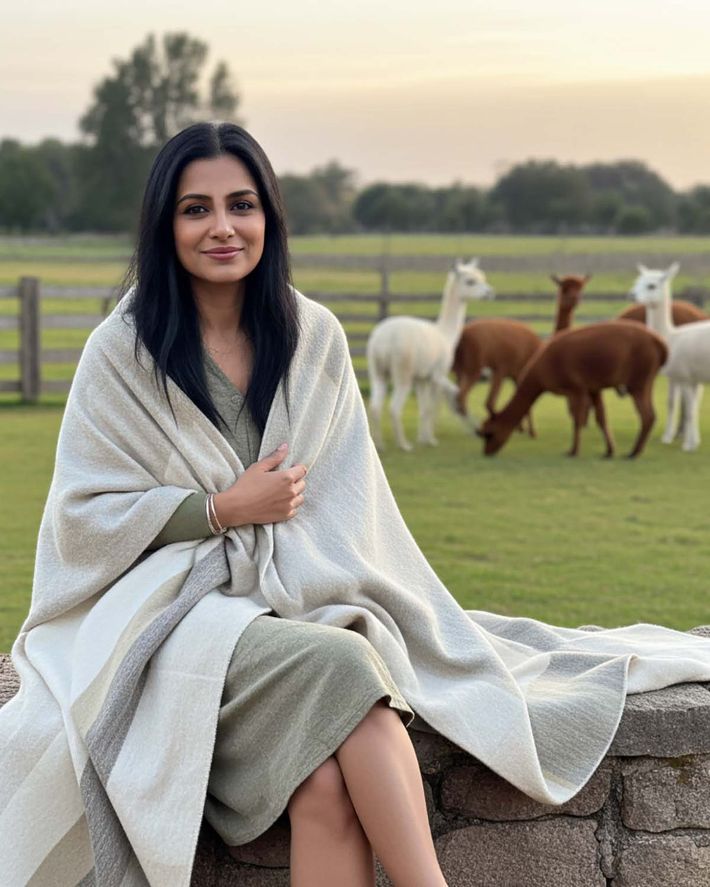 Ivory alpaca throw blanket in Salt Flat with beige and stone grey reversible, Shupaca