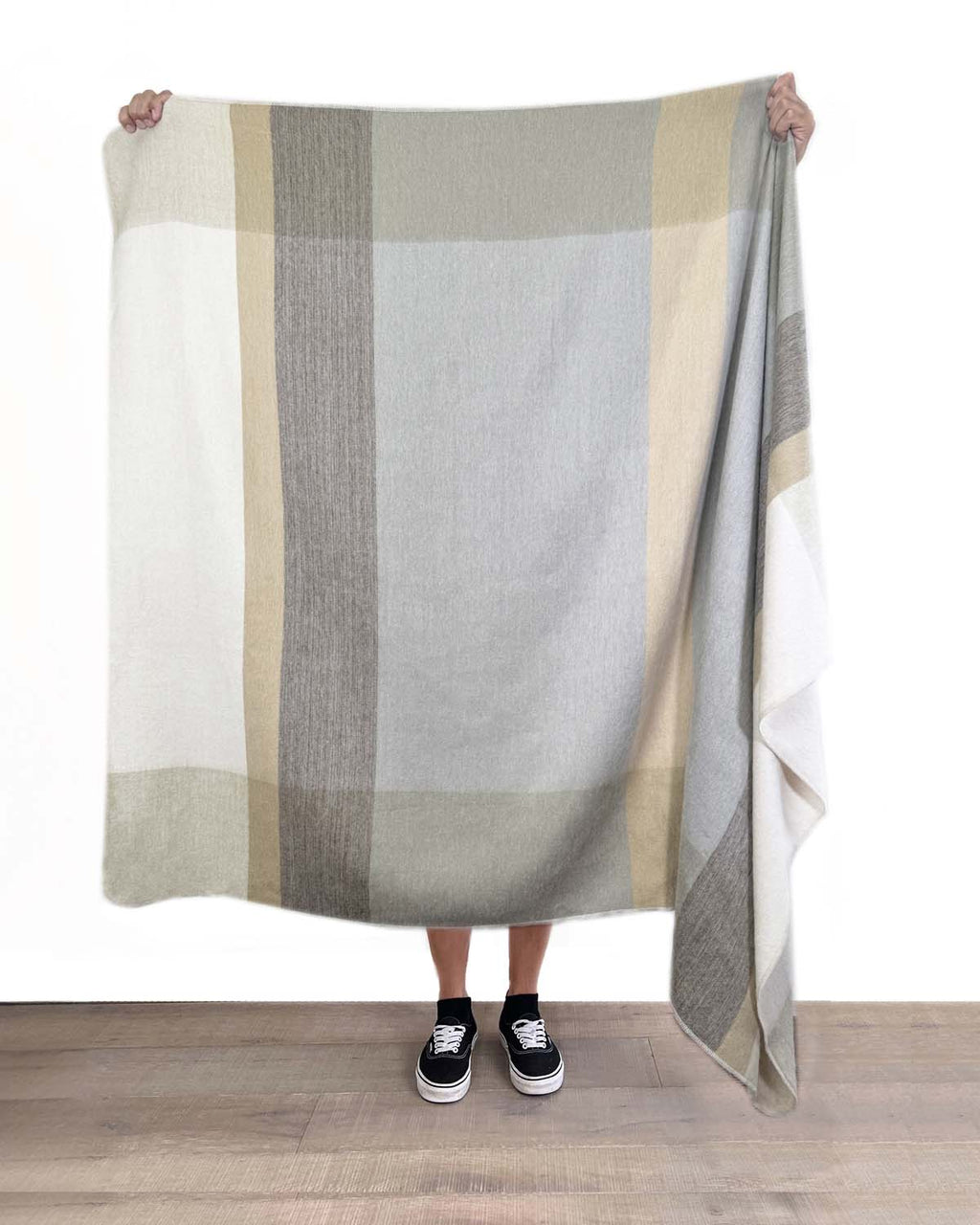 Ivory alpaca throw blanket in Salt Flat with beige and stone grey reversible, Shupaca