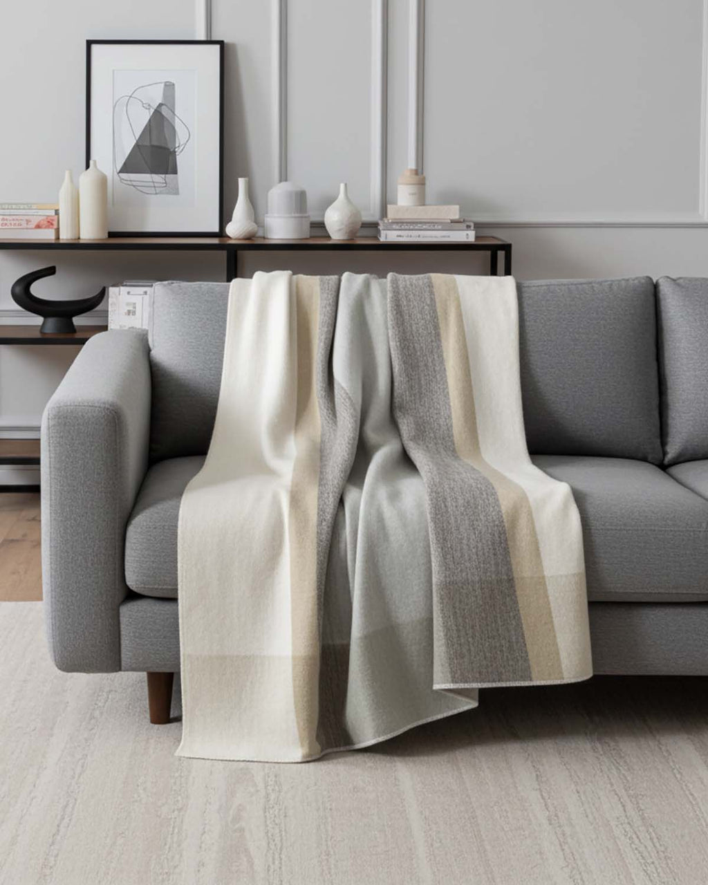 Ivory alpaca throw blanket in Salt Flat with beige and stone grey reversible, Shupaca