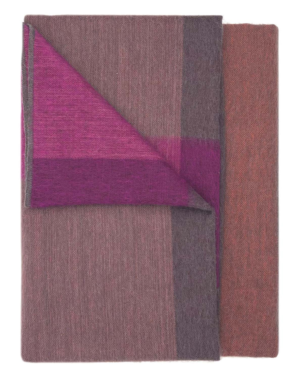 Plum alpaca throw blanket in Sunset with rosewood and magenta blocks, Shupaca