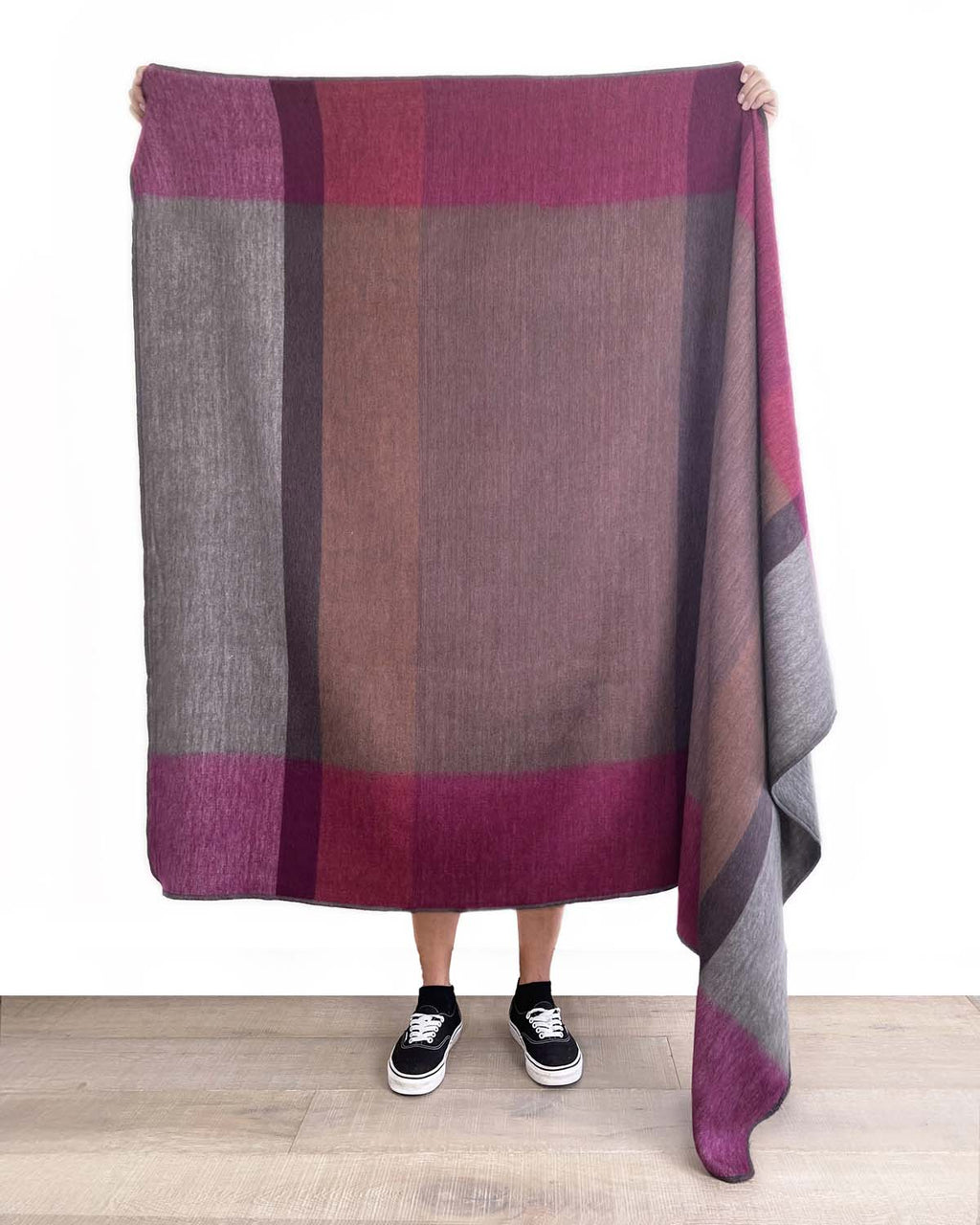 Plum alpaca throw blanket in Sunset with rosewood and magenta blocks, Shupaca