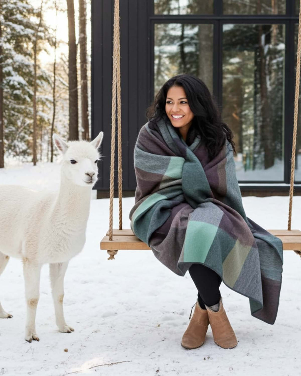 Wine alpaca throw blanket in Twilight with midnight blue and sage accents, Shupaca