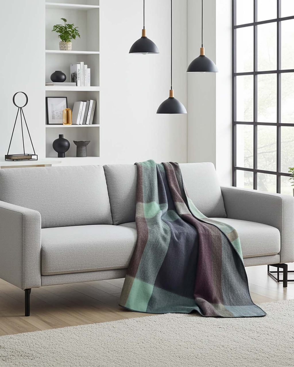 Wine alpaca throw blanket in Twilight with midnight blue and sage accents, Shupaca
