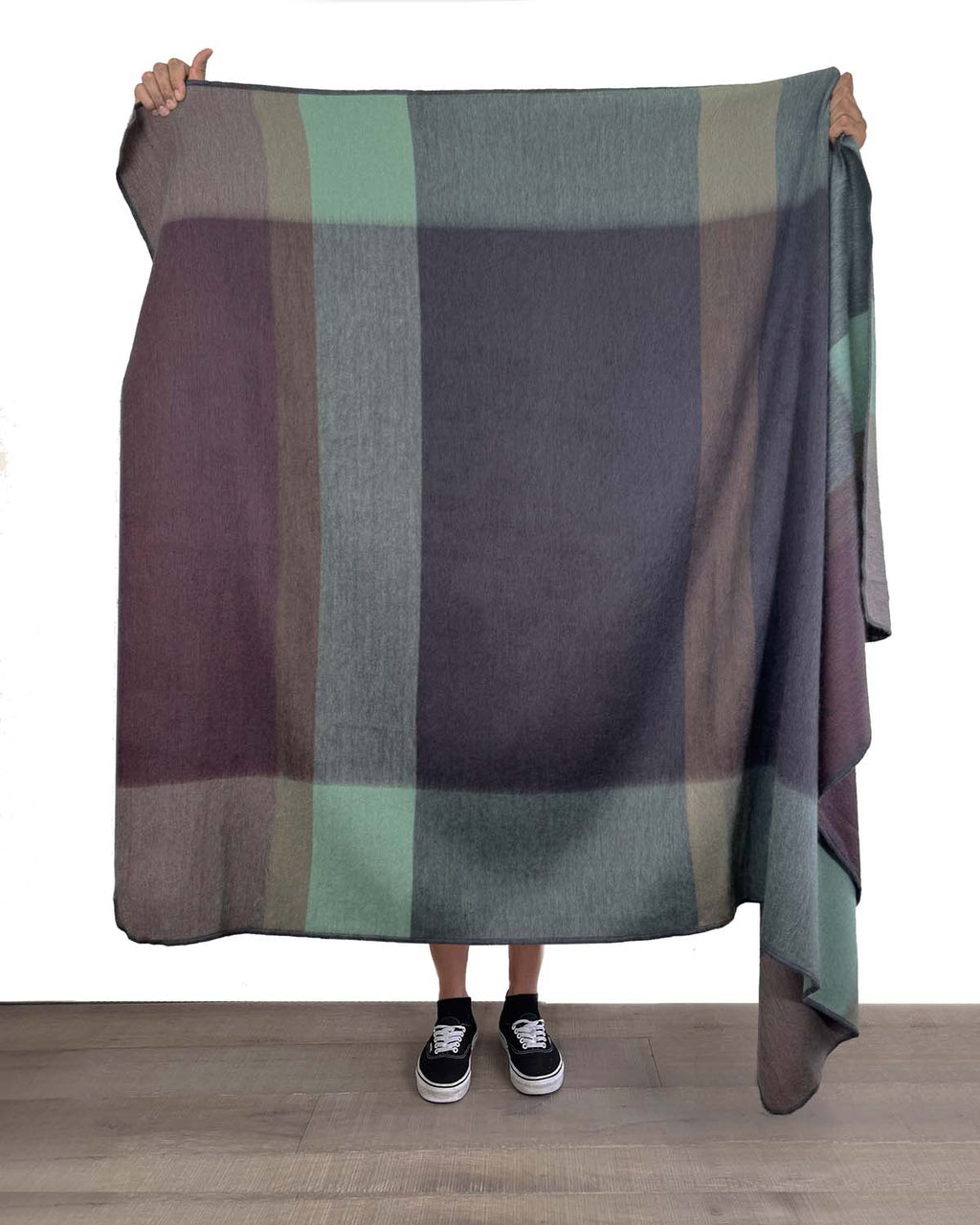 Wine alpaca throw blanket in Twilight with midnight blue and sage accents, Shupaca