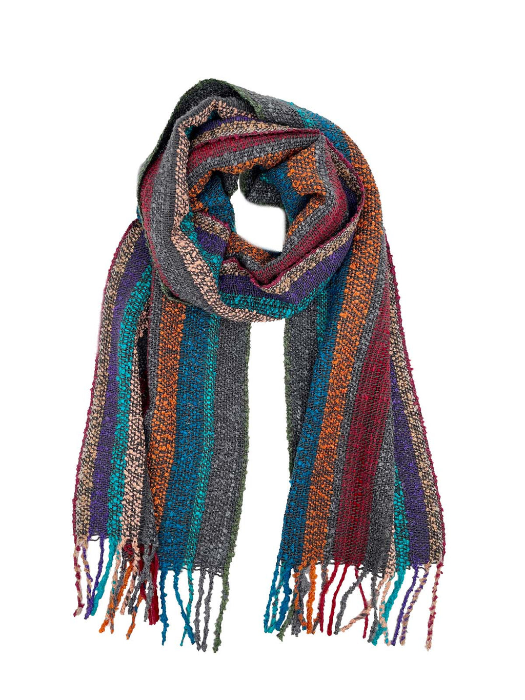 Orange alpaca scarf in Eucalyptus with teal and grey accents, Shupaca