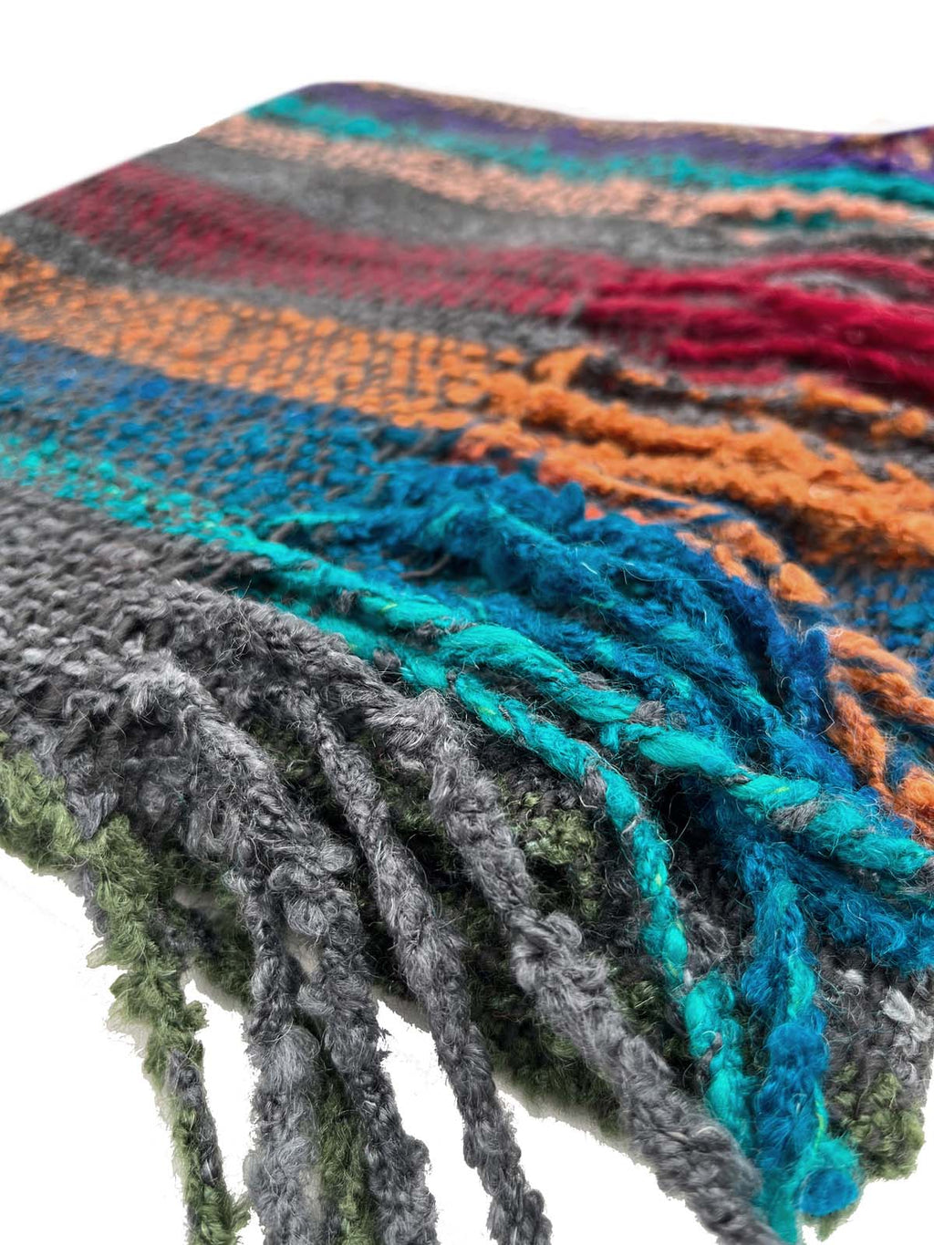 Orange alpaca scarf in Eucalyptus with teal and grey accents, Shupaca