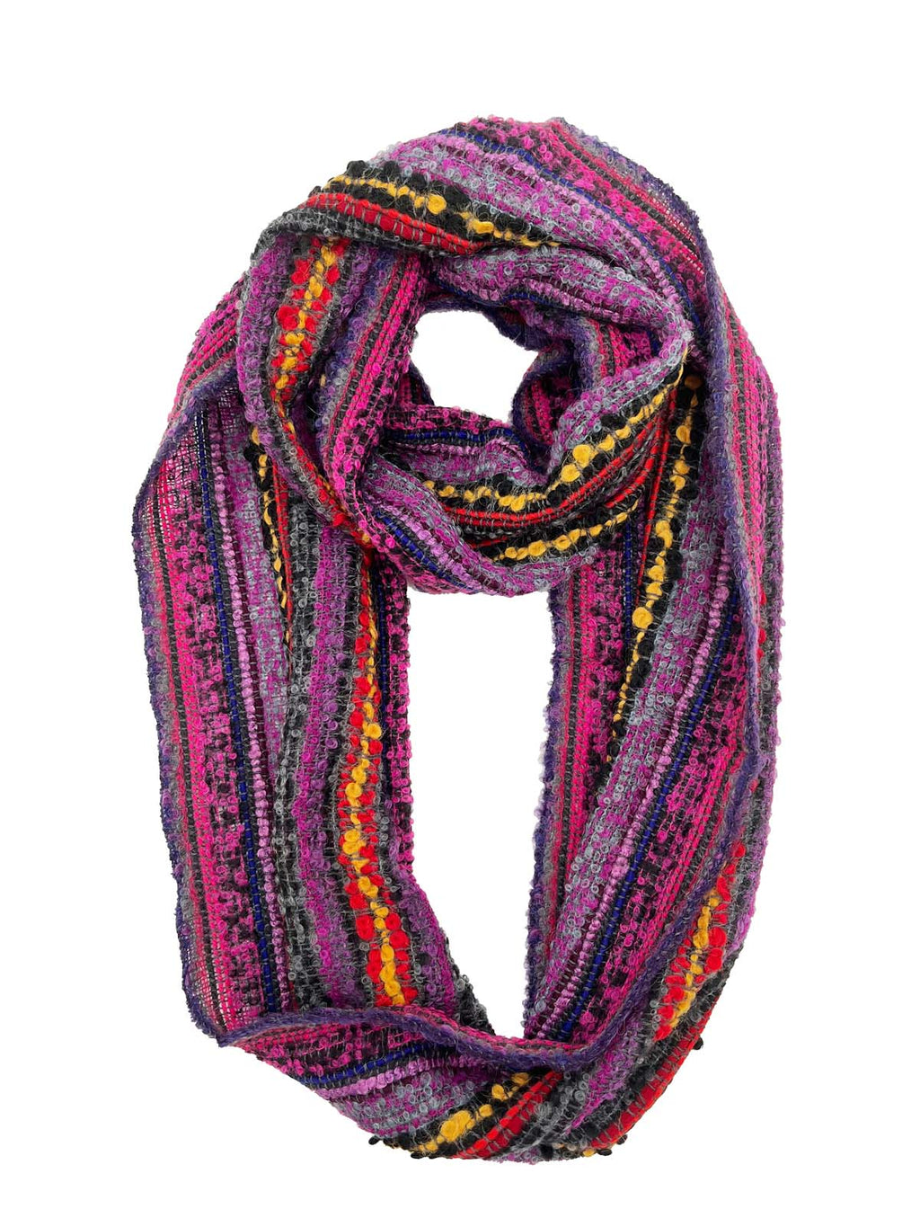 Magenta alpaca infinity scarf in Berry with plum and sunset orange bouclé, Shupaca