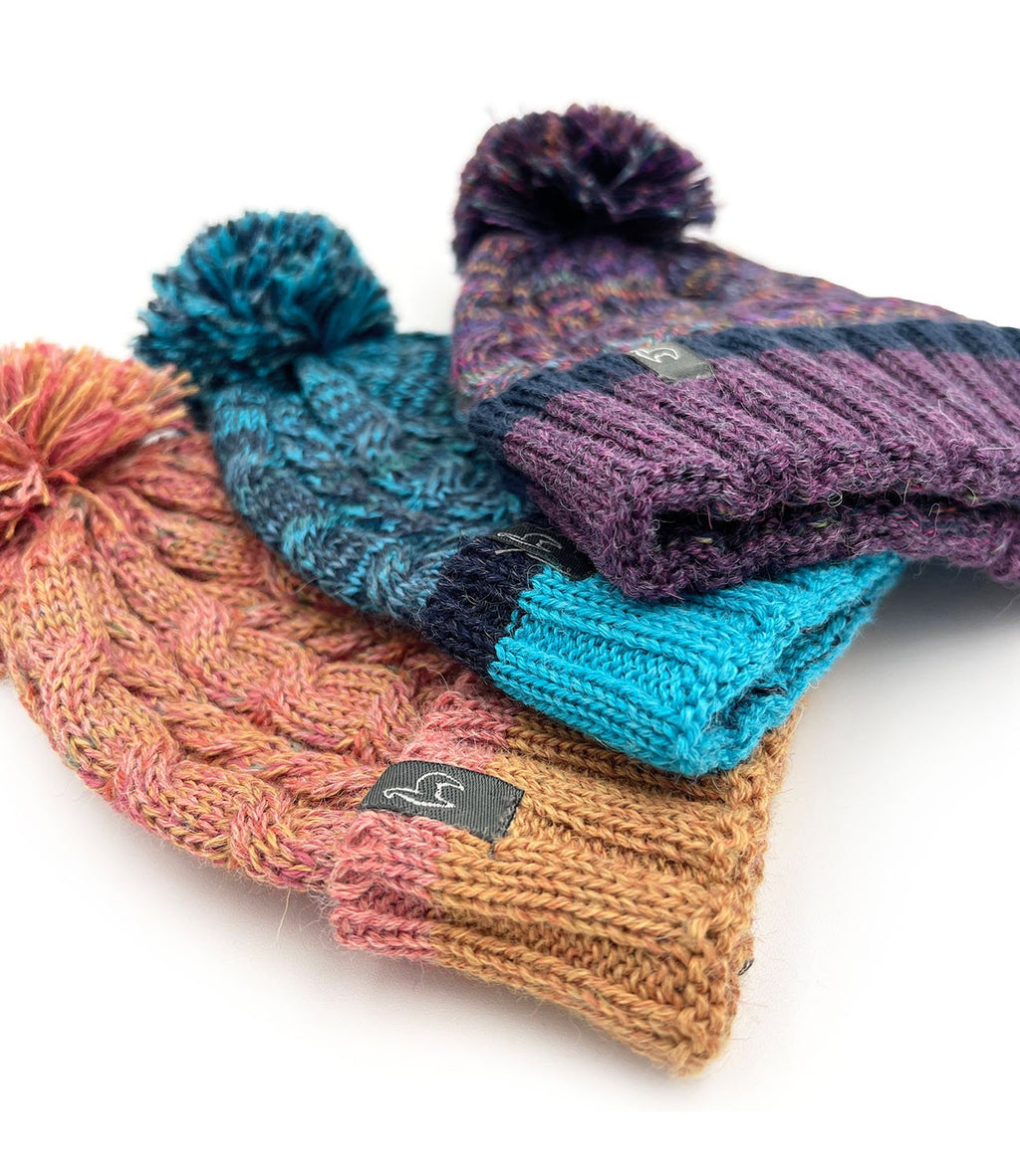 Sunny Swirl kid's alpaca beanie with pom and honey gold braid, Shupaca
