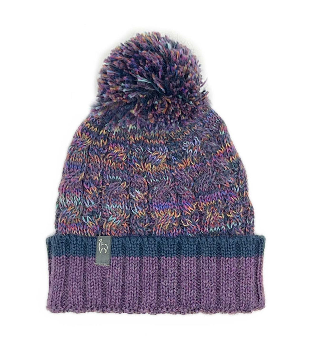 Violet Vortex kid's alpaca beanie with pom and multicolor braid, Shupaca