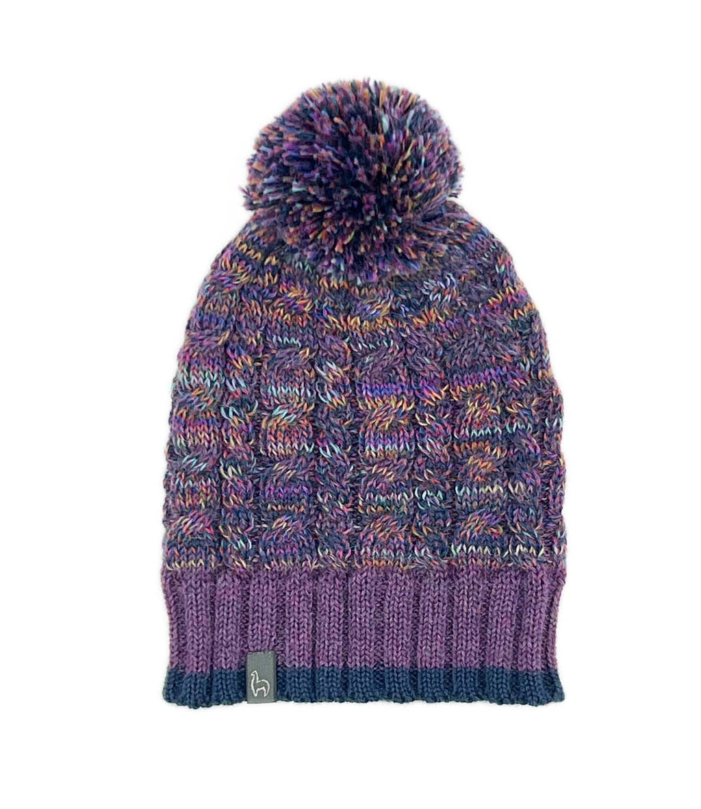 Violet Vortex kid's alpaca beanie with pom and multicolor braid, Shupaca