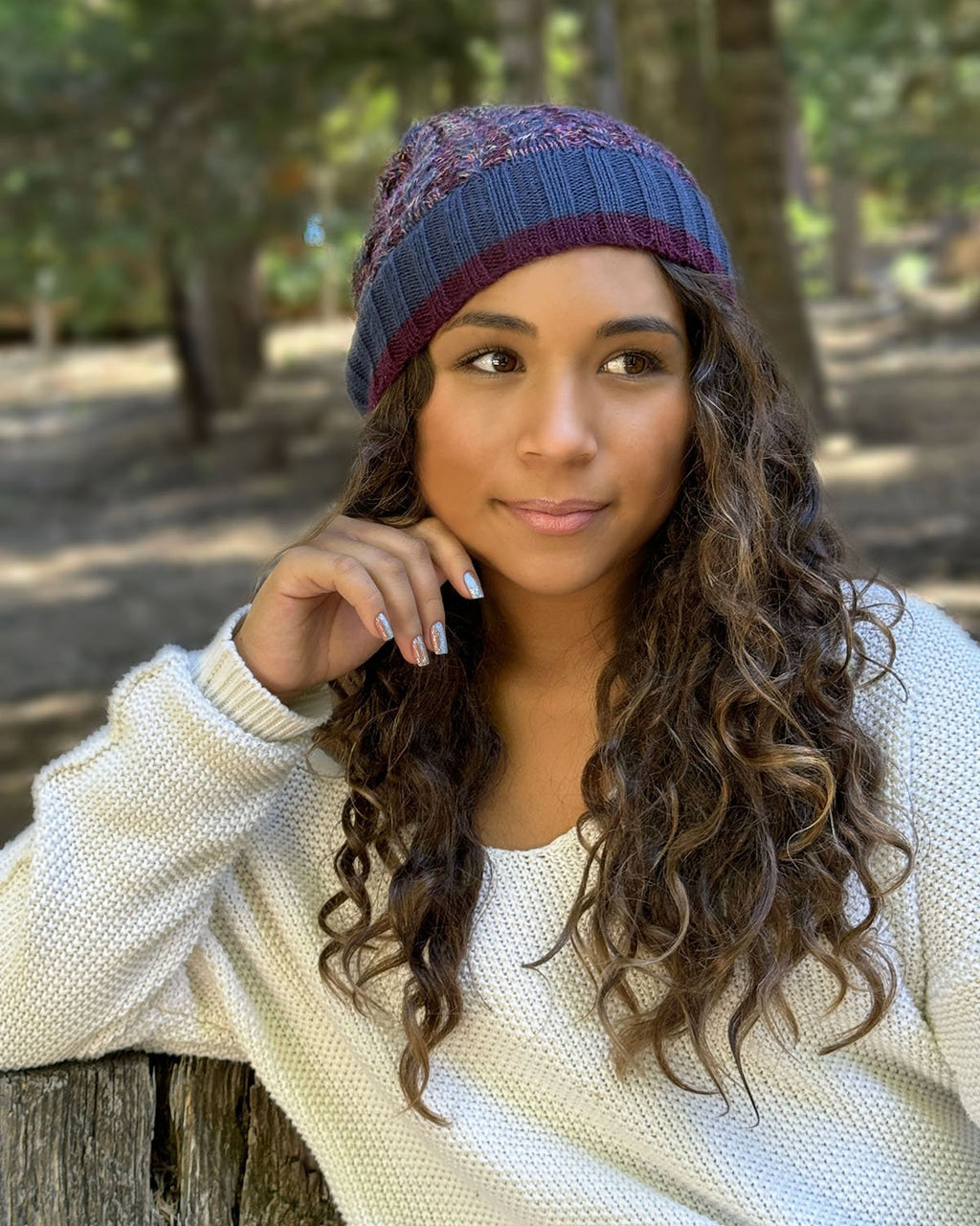 Violet Vortex kid's alpaca beanie with pom and multicolor braid, Shupaca