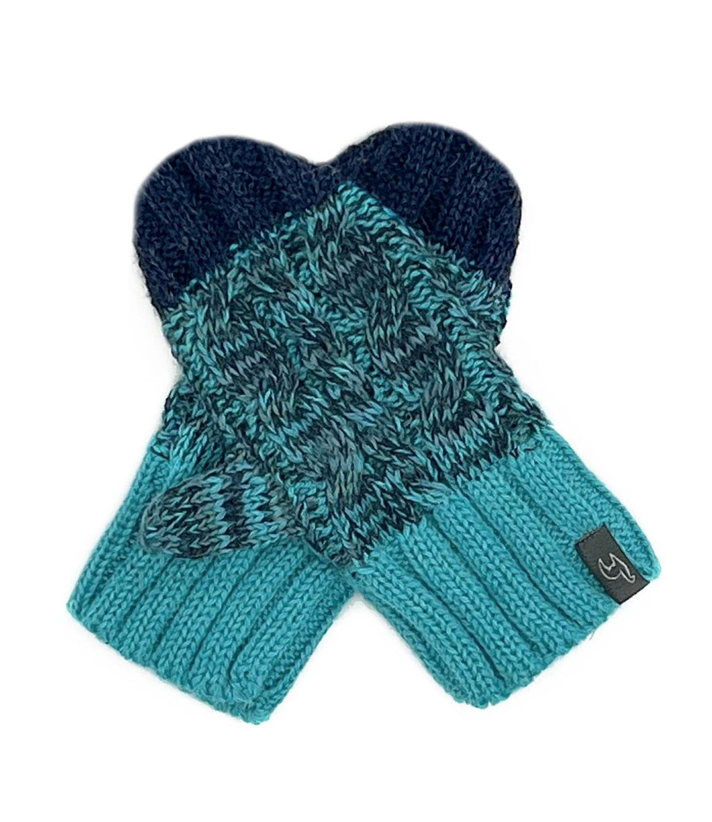 Blueberry Twist kid's alpaca gloves with aqua and navy braid, Shupaca