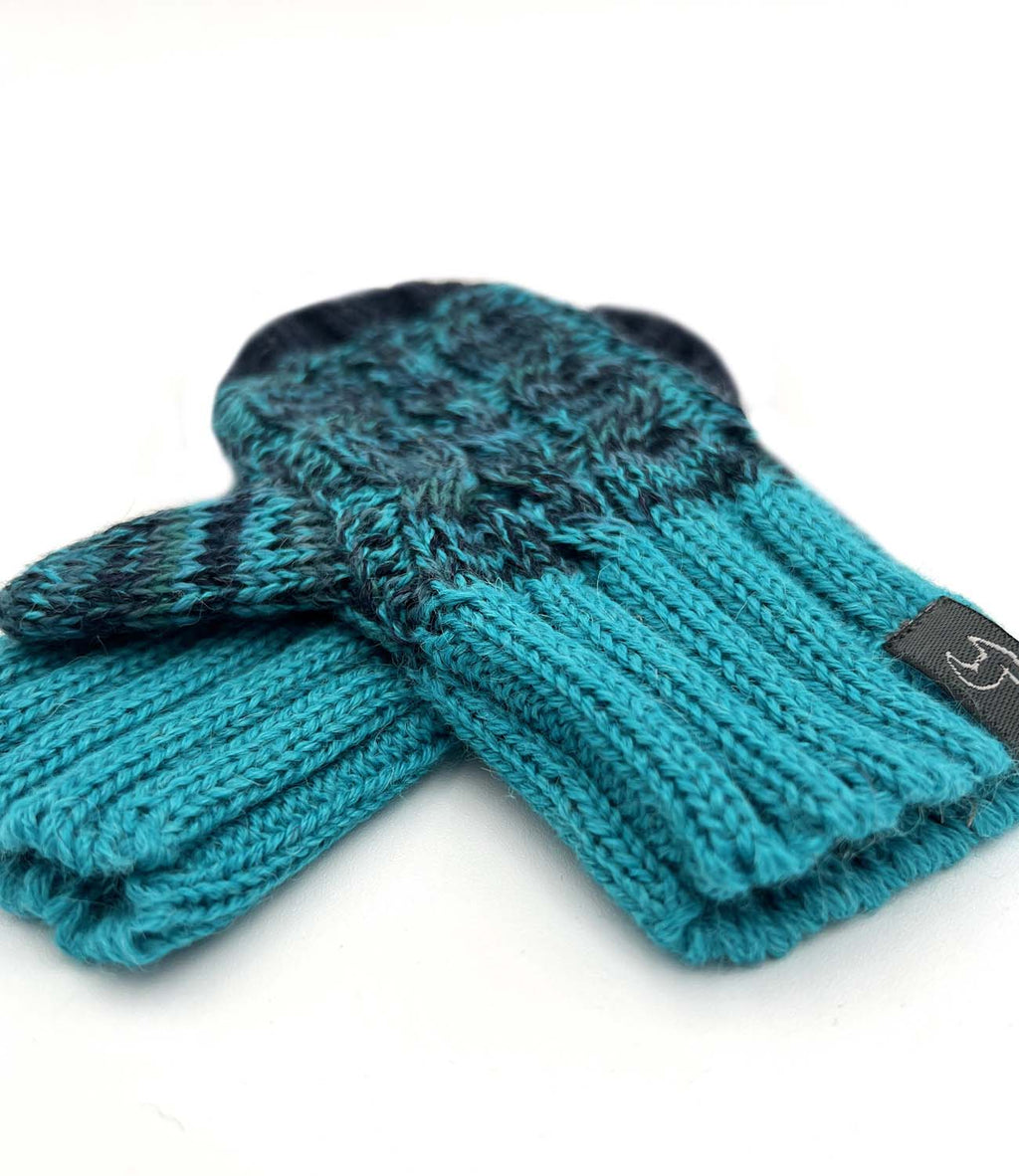 Blueberry Twist kid's alpaca gloves with aqua and navy braid, Shupaca