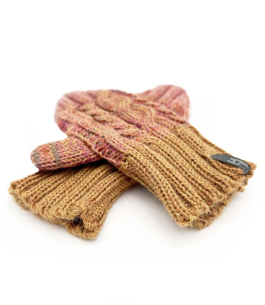 Sunny Swirl kid's alpaca gloves with honey gold braid, Shupaca