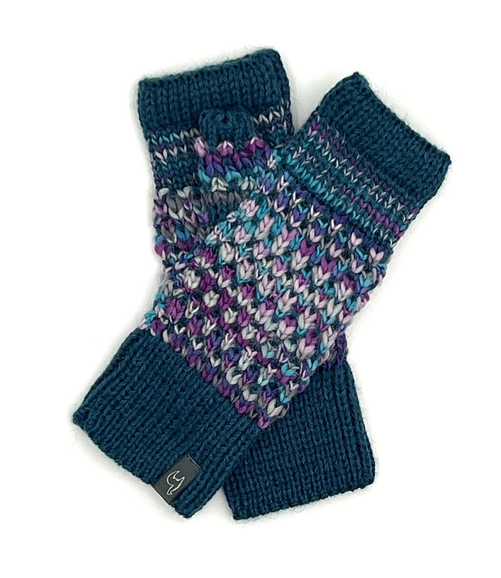 Grape Bubble kid's alpaca gloves with lavender and teal speckles, Shupaca