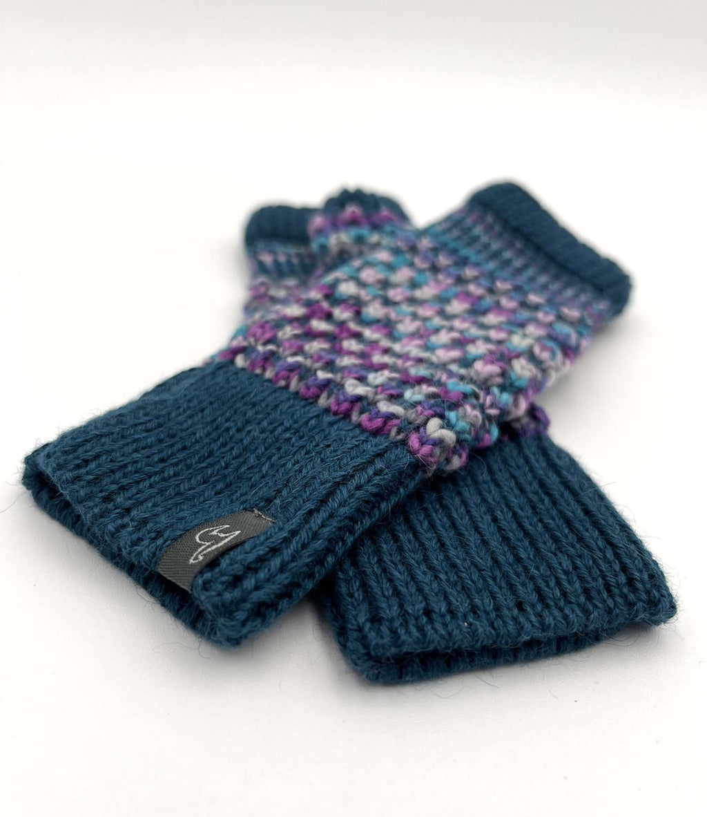 Grape Bubble kid's alpaca gloves with lavender and teal speckles, Shupaca